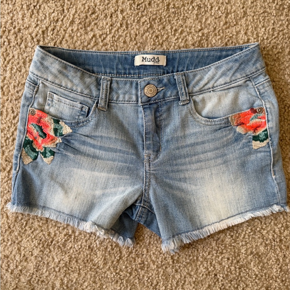 Mudd Blue Jean Shorts with Red Floral Design